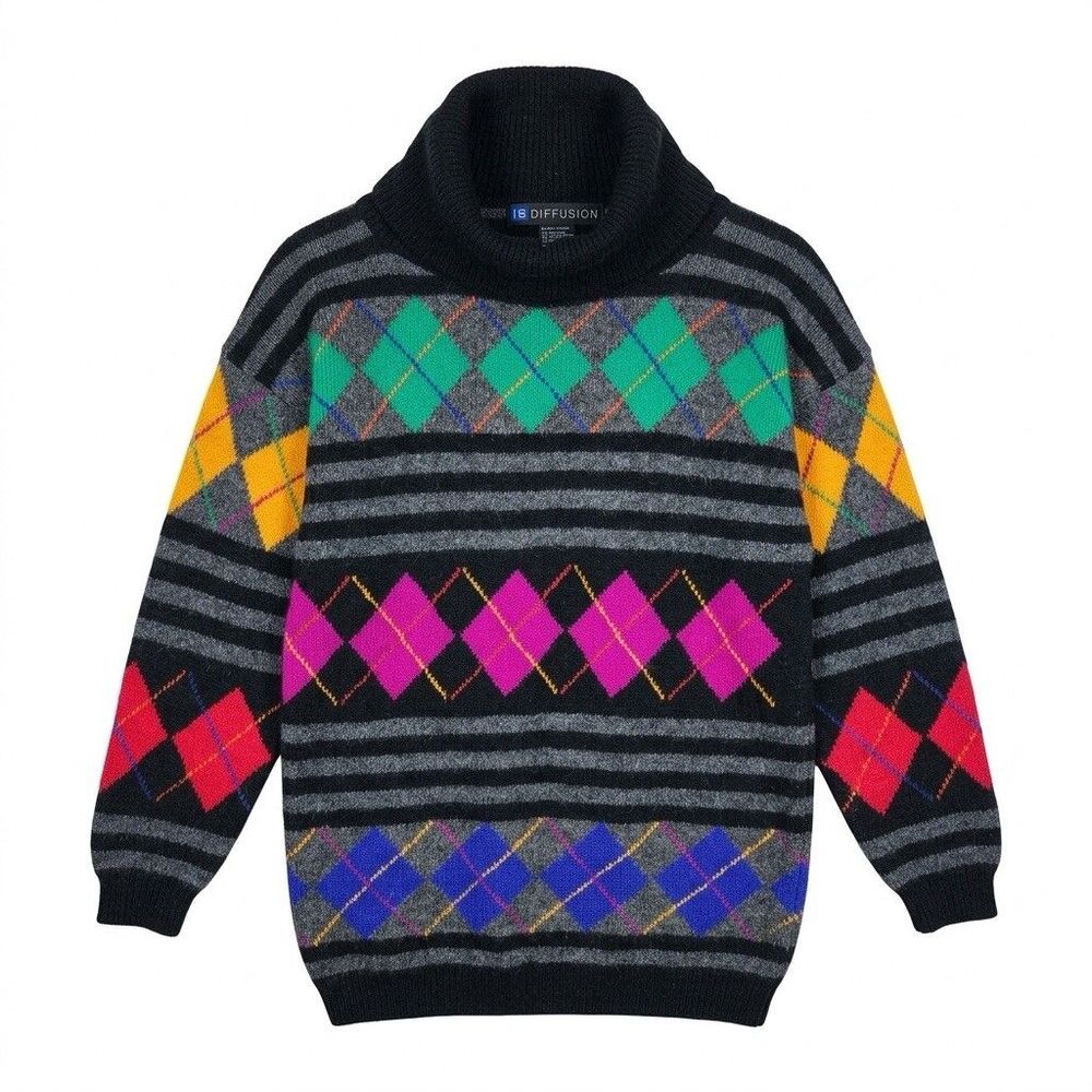 Vtg 90s IB Diffusion Wool Angora Sweater Neon Colorful Argyle Oversized Small